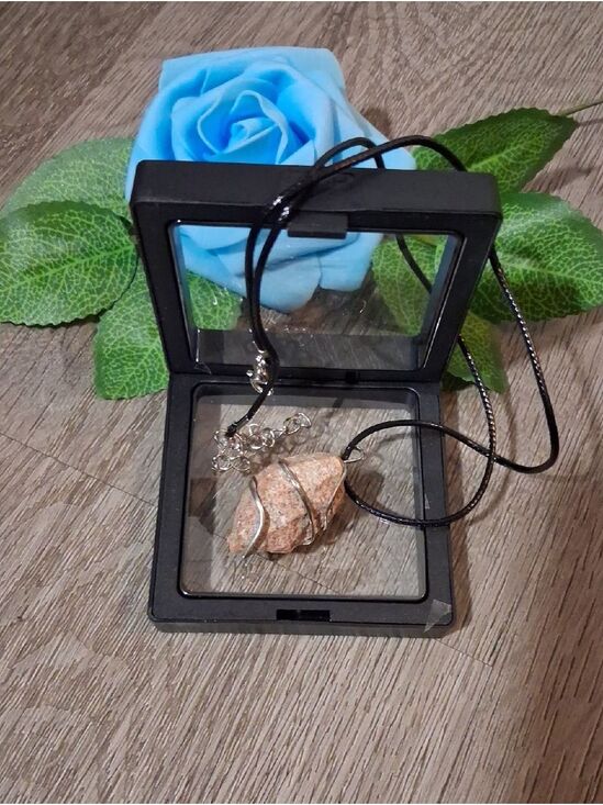 Jewelry - Handcrafted Pink Stone Pendant Necklace on Black Cord